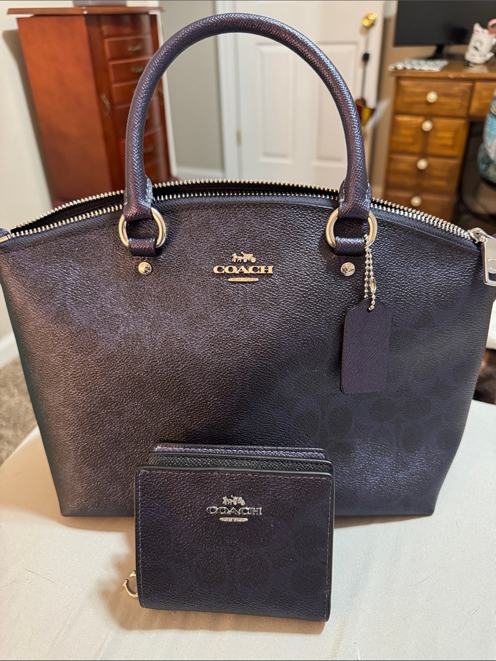 Coach Dark Blue Saffiano Leather Tote with Matching Wallet